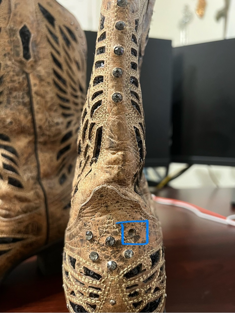 Leather Studded Western Ankle Boots - Brown